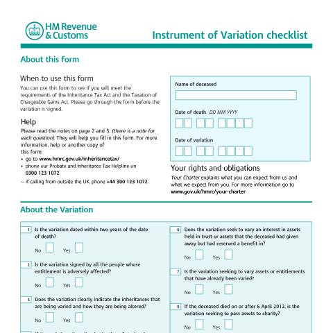 Document preview: Inheritance Tax: instrument of variation checklist (IOV2) — HM Revenue & Customs, United Kingdom