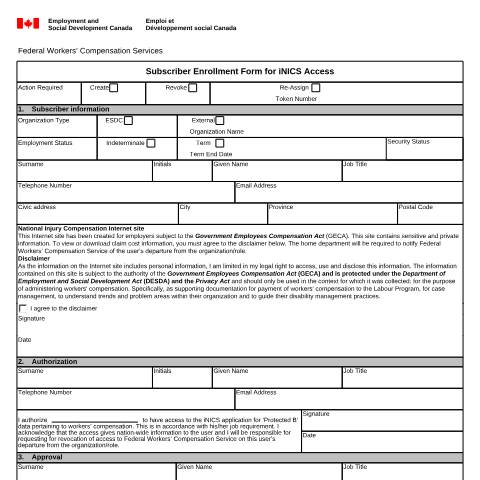 Document preview: iNICS Subscriber Enrollment Form — Labour, Canada (CERFA n°LAB1185)