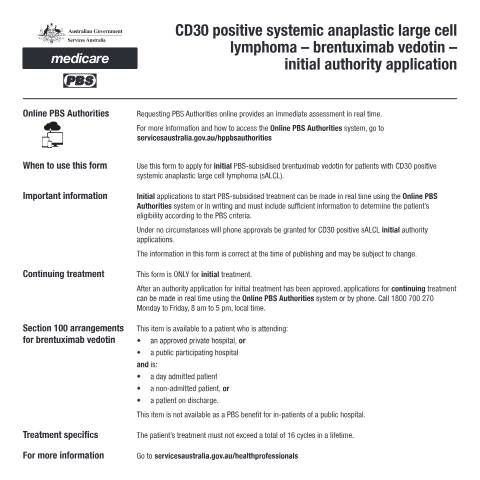 Document preview: CD30 positive systemic anaplastic large cell lymphoma - brentuximab vedotin - initial authority application form (PB123) — Services Australia — Health professionals, Australia (CERFA n°PB123)