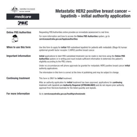Document preview: Metastatic HER2 positive breast cancer - lapatinib - initial authority application form (PB099) — Services Australia — Health professionals, Australia (CERFA n°PB099)