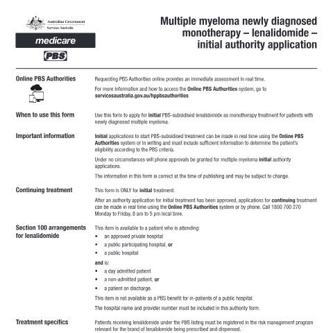 Document preview: Multiple myeloma newly diagnosed monotherapy - lenalidomide - initial authority application form (PB291) — Services Australia — Health professionals, Australia (CERFA n°PB291)
