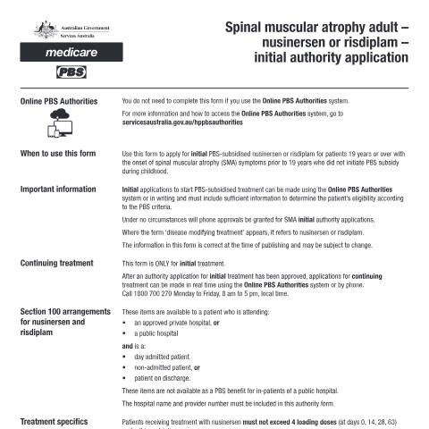 Document preview: Spinal muscular atrophy adult - nusinersen or risdiplam - initial authority application form (PB334) — Services Australia — Health professionals, Australia (CERFA n°PB334)