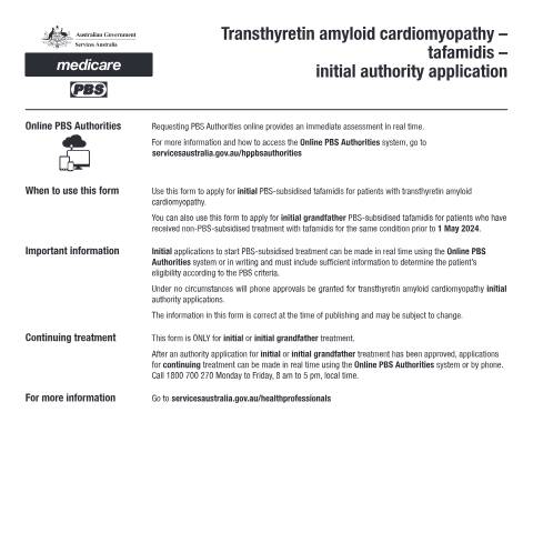 Document preview: Transthyretin amyloid cardiomyopathy - tafamidis - initial authority application form (PB358) — Services Australia — Health professionals, Australia (CERFA n°PB358)