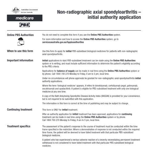 Document preview: Non-radiographic axial spondyloarthritis - initial authority application form (PB255) — Services Australia — Health professionals, Australia (CERFA n°PB255)