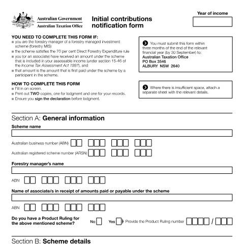 Document preview: Initial contributions notification form — ATO — Rulings, Australia (CERFA n°NAT 71434)
