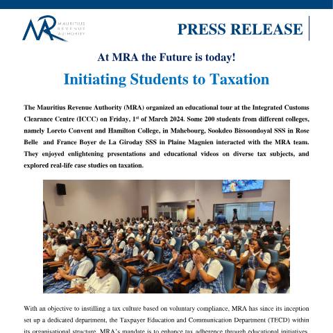 Document preview: At MRA the Future is today : Initiating Students to Taxation (05.03.24) — Document, Mauritius (CERFA n°PressRelease050324)