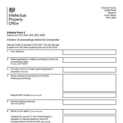 Document preview: Initiation of proceedings before the Comptroller — Intellectual Property Office, United Kingdom