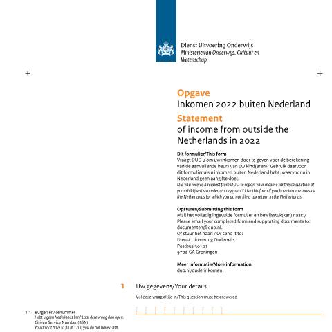 Documentvoorvertoning: Opgave Inkomen 2022 buiten Nederland/Statement of income from outside the Netherlands in 2022 — DUO — Formulieren studiefinanciering mbo, Nederland