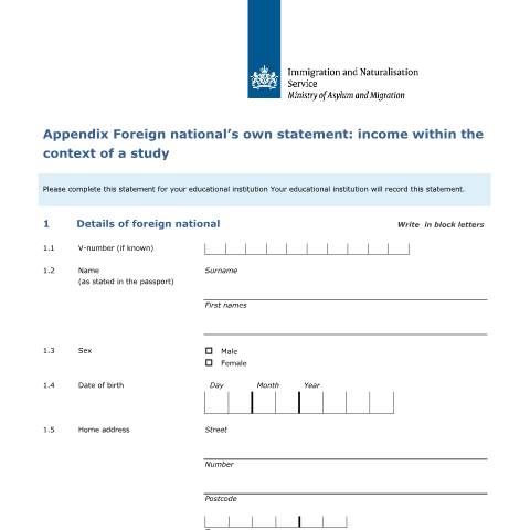 Documentvoorvertoning: Appendix Foreign national's own statement: income within the context of a study — IND — immigratie, Nederland (CERFA n°7613)