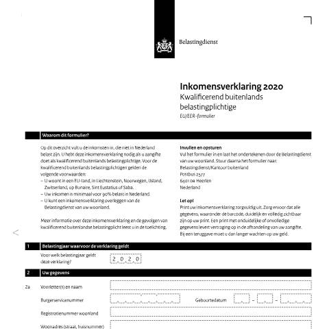 Documentvoorvertoning: Inkomensverklaring 2020 Nederlands — Inkomensverklaring voor kwalificerend buitenlands belastingplichtigen downloaden, Nederland (CERFA n°ib0591z01fol)