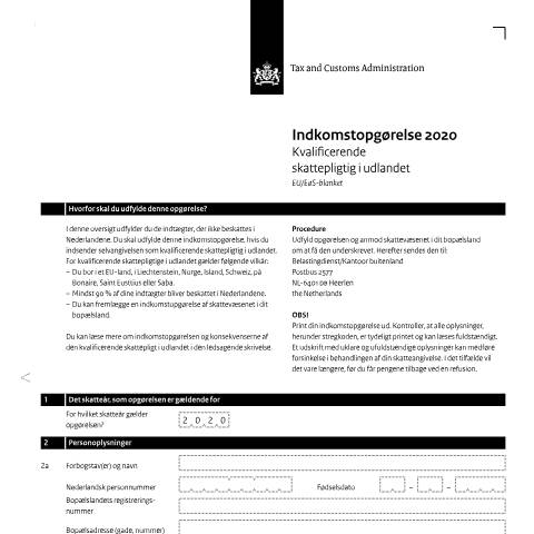 Documentvoorvertoning: Inkomensverklaring 2020 Deens — Inkomensverklaring voor kwalificerend buitenlands belastingplichtigen downloaden, Nederland (CERFA n°ib0591z01folden)