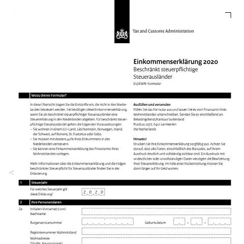 Documentvoorvertoning: Inkomensverklaring 2020 Duits — Inkomensverklaring voor kwalificerend buitenlands belastingplichtigen downloaden, Nederland (CERFA n°ib0591z01foldui)