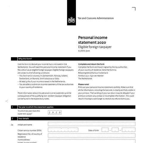 Documentvoorvertoning: Inkomensverklaring 2020 Engels — Inkomensverklaring voor kwalificerend buitenlands belastingplichtigen downloaden, Nederland (CERFA n°ib0591z01foleng)