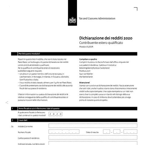 Documentvoorvertoning: Inkomensverklaring 2020 Italiaans — Inkomensverklaring voor kwalificerend buitenlands belastingplichtigen downloaden, Nederland (CERFA n°ib0591z01folita)