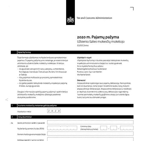 Documentvoorvertoning: Inkomensverklaring 2020 Litouws — Inkomensverklaring voor kwalificerend buitenlands belastingplichtigen downloaden, Nederland (CERFA n°ib0591z01follit)