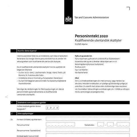Documentvoorvertoning: Inkomensverklaring 2020 Noors — Inkomensverklaring voor kwalificerend buitenlands belastingplichtigen downloaden, Nederland (CERFA n°ib0591z01folnor)