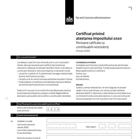 Documentvoorvertoning: Inkomensverklaring 2020 Roemeens — Inkomensverklaring voor kwalificerend buitenlands belastingplichtigen downloaden, Nederland (CERFA n°ib0591z01folroe)