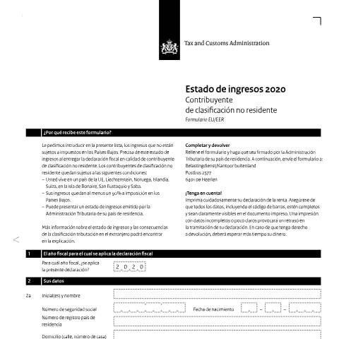 Documentvoorvertoning: Inkomensverklaring 2020 Spaans — Inkomensverklaring voor kwalificerend buitenlands belastingplichtigen downloaden, Nederland (CERFA n°ib0591z01folspa)