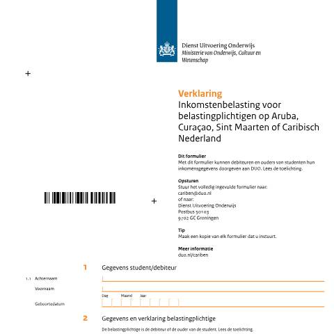 Documentvoorvertoning: Verklaring inkomstenbelasting voor belastingplichtigen op Aruba, Curaçao, Sint Maarten of Caribisch Nederland — DUO — Formulieren studiefinanciering mbo, Nederland