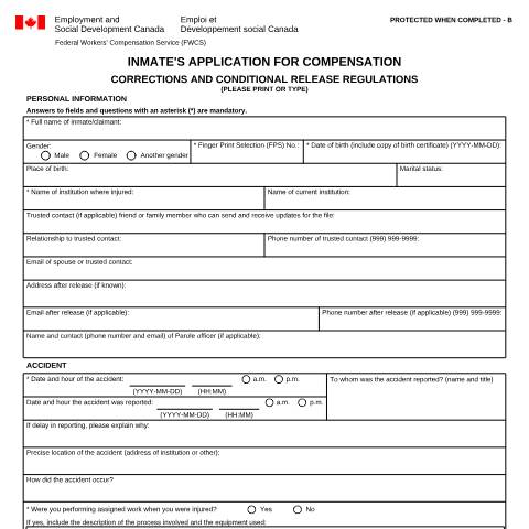Document preview: Inmate's Application for Compensation — Labour, Canada (CERFA n°LAB1076)