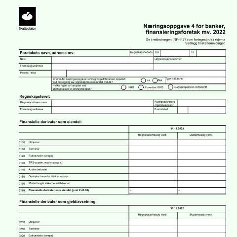 Document preview: Income Statement 4 for banks and finance enterprises (DISCONTINUED) — Skatteetaten / Forms, Norge (CERFA n°RF-1173)