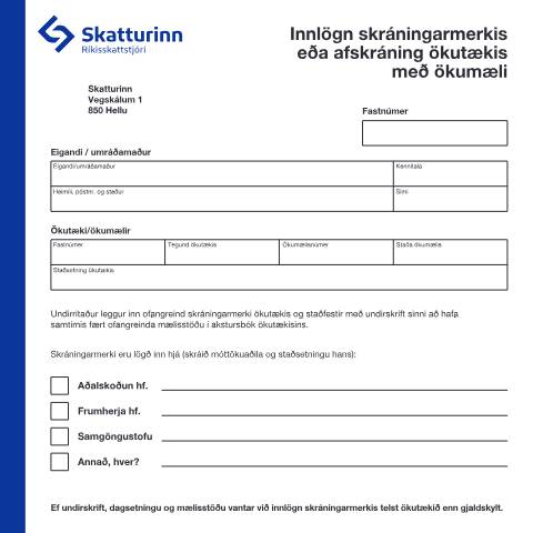 Document preview: Innlögn skráningarmerkis eða afskráning ökutækis með ökumæli. — Einstaklingar, Ísland (CERFA n°RSK 18.22)