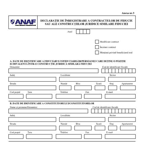 Document preview: Declaraţie de înregistrare a contractelor de fiducie sau ale construcţiilor juridice similare fiduciei (OPANAF 1193/2021, cu modificările și completările ulterioare) — Alte declarații, România (CERFA n°D169_OPANAF_505_2026)