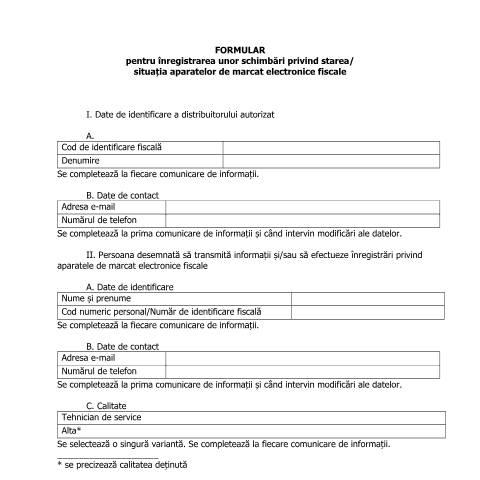 Document preview: Formular pentru înregistrarea unor schimbări privind starea/situația aparatelor de marcat electronice fiscale - F4103 (OPANAF 4156/2017) — Alte documente, România (CERFA n°A2D_OPANAF_4156_2017)