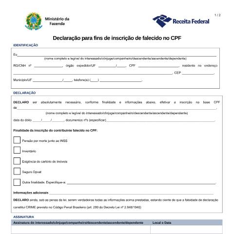 Pré-visualização do documento CPF - Declaração para fins de inscrição de falecido — Cadastros, Brasil