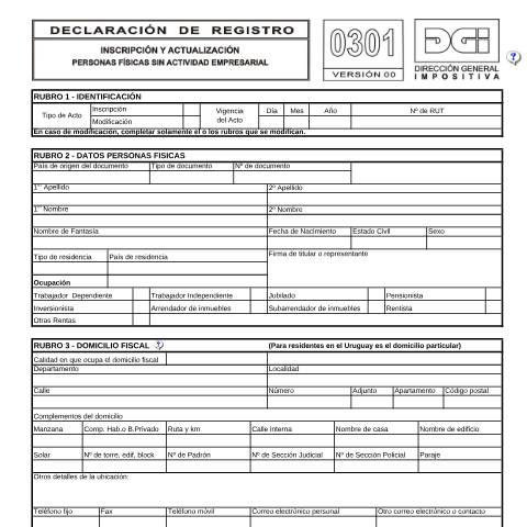 Vista previa del documento Formulario 0301 -Inscripción y actualización de personas físicas sin actividad empresarial — DGI - Formularios, Uruguay (CERFA n°0301)