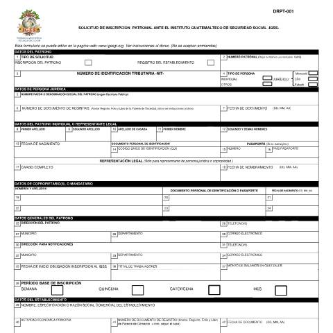 Vista previa del documento Formulario DRPT 001 IGSS Rev 2023 — IGSS - Formularios, Guatemala (CERFA n°DRPT-001)