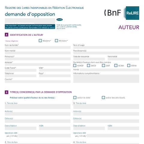 Aperçu du document Inscription au registre des livres indisponibles : demande d'opposition de l'auteur — Professionnels, France (CERFA n°14914*01)