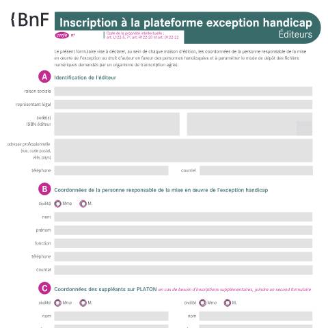 Aperçu du document Inscription à la plateforme exception handicap - éditeurs — Professionnels, France (CERFA n°14974*01)