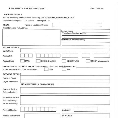Document preview: Insolvency practitioners: requisition for BACS payment — The Insolvency Service, United Kingdom