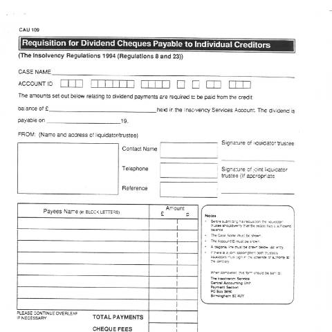 Document preview: Insolvency practitioners: requisition for dividend cheques payable to individual creditors — The Insolvency Service, United Kingdom
