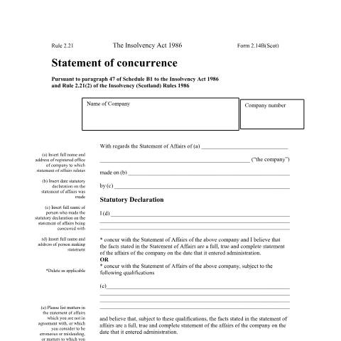 Document preview: Statement of concurrence: insolvency form 2.14B (Scotland) — The Insolvency Service, United Kingdom