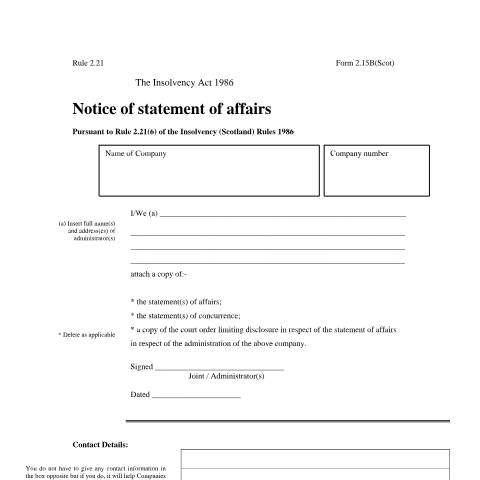 Document preview: Notice of statement of affairs: insolvency form 2.15B (Scotland) — The Insolvency Service, United Kingdom