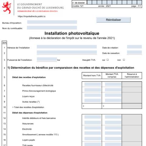 Aperçu du document Annexe: "Installation photovoltaïque" — Annexes et bonifications d'impôt, Luxembourg (CERFA n°121)