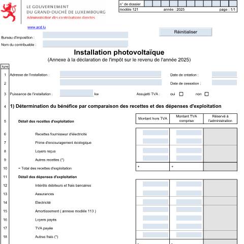 Aperçu du document Annexe: "Installation photovoltaïque" — Annexes et bonifications d'impôt, Luxembourg (CERFA n°121)