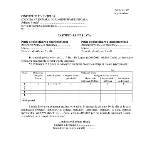 Document preview: Înștiințare de plată (OPANAF 1767/2021) — Documente emise, România (CERFA n°A19_OPANAF_1767_2021)