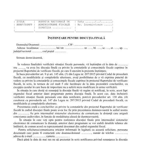 Document preview: Înștiințare pentru discuția finală (OPANAF 2117/2018) — Documente emise, România (CERFA n°Instiintare_OPANAF_2117_2018)