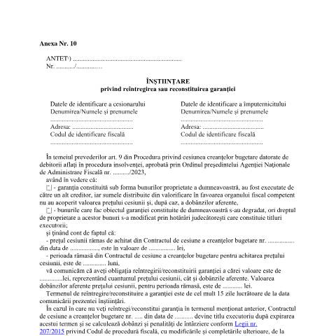 Document preview: Înștiințare privind reîntregirea sau reconstituirea garanției (OPANAF 1940/2023) — Documente emise, România (CERFA n°A10_OPANAF_1940_2023)