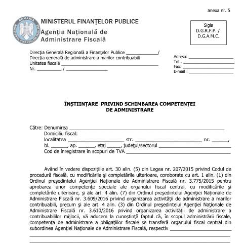 Document preview: Înștiințare privind schimbarea competenței de administrare, în cazul grupului fiscal unic (OPANAF 3006/2016; OPANAF 3480/2017) — Documente emise, România (CERFA n°A5_OPANAF_3480_2017)
