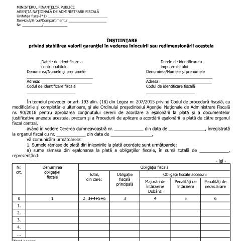 Document preview: Înștiințare privind stabilirea valorii garanției în vederea înlocuirii sau redimensionării acesteia (OPANAF 90/2016) — Documente emise, România (CERFA n°A13p_OPANAF_90_2016)