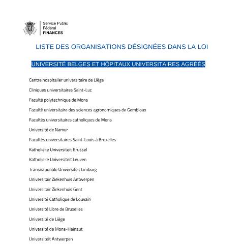 Aperçu du document institution désignée dans la loi — Conditions, Belgique (CERFA n°dons-liste-organisations-designees-loi)