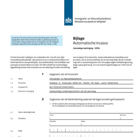 Documentvoorvertoning: Bijlage Automatische incasso (eenmalige machtiging - SEPA) — IND — immigratie, Nederland (CERFA n°7129)