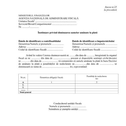 Document preview: Înștiințare privind diminuarea sumelor amânate la plată (OPANAF 1767/2021) — Documente emise, România (CERFA n°A23_OPANAF_1767_2021)