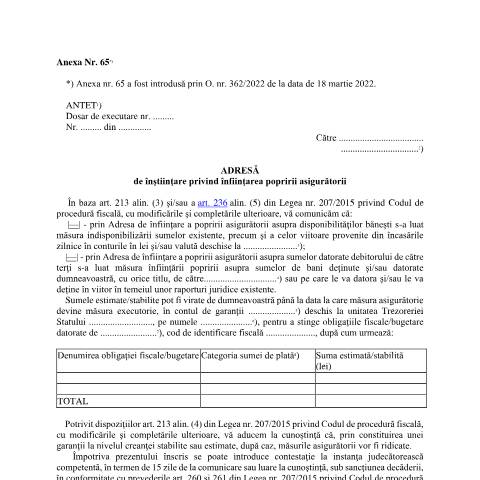 Document preview: Adresă de înștiințare privind înființarea popririi asigurătorii (OPANAF 63/2017, OPANAF 967/2017) — Documente emise, România (CERFA n°A65_OPANAF_63_2017)