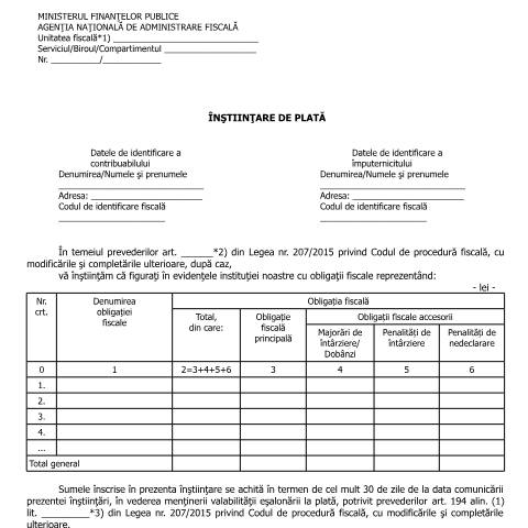 Document preview: Înștiințare de plată (OPANAF 90/2016) — Documente emise, România (CERFA n°A23p_OPANAF_90_2016)
