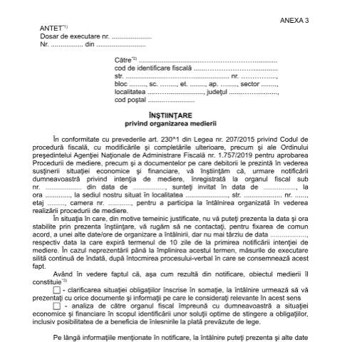 Document preview: Înștiințare privind organizarea medierii (OPANAF 1757/2019) — Documente emise, România (CERFA n°A3_OPANAF_1757_2019)